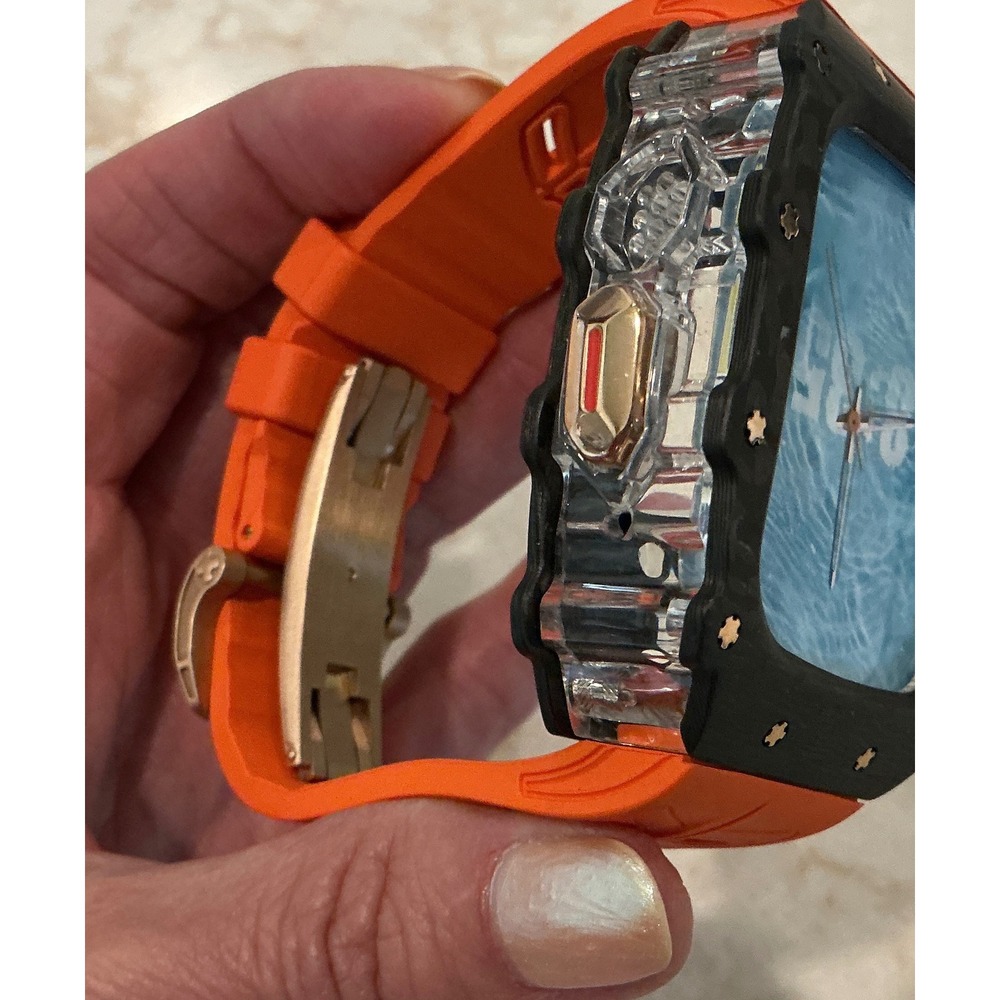 Carbon Fiber Apple Watch Case 44/45/46/49mm Orange Band Double Vision - Picture 7 of 12